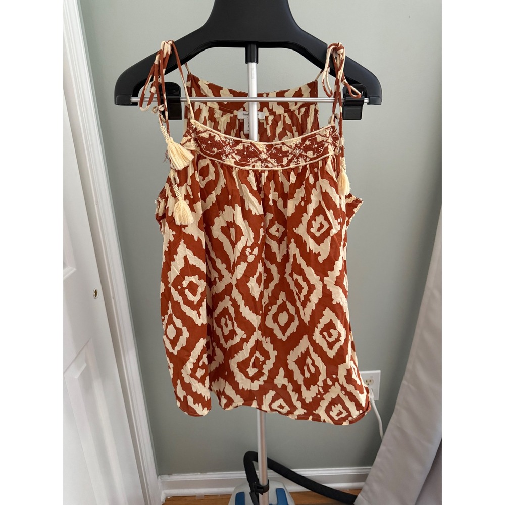 Haute Hippie Style Boho Tassel Tank Top Embroidered Tie Strap Cotton Rust L